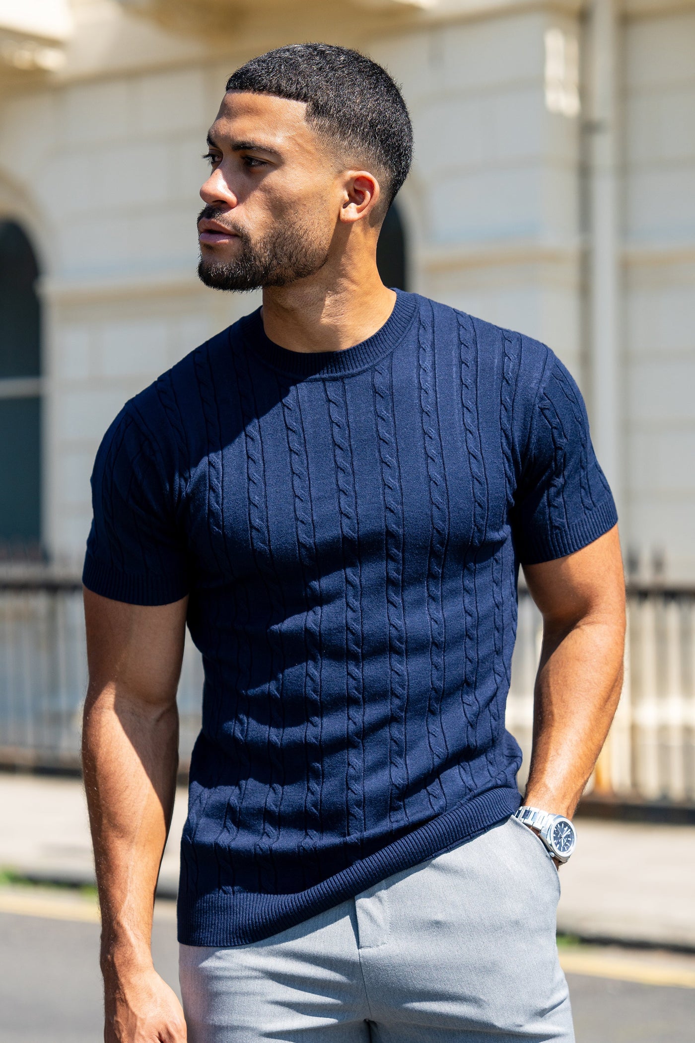 THE CABLE SHORT SLEEVE T-SHIRT - NAVY BLUE