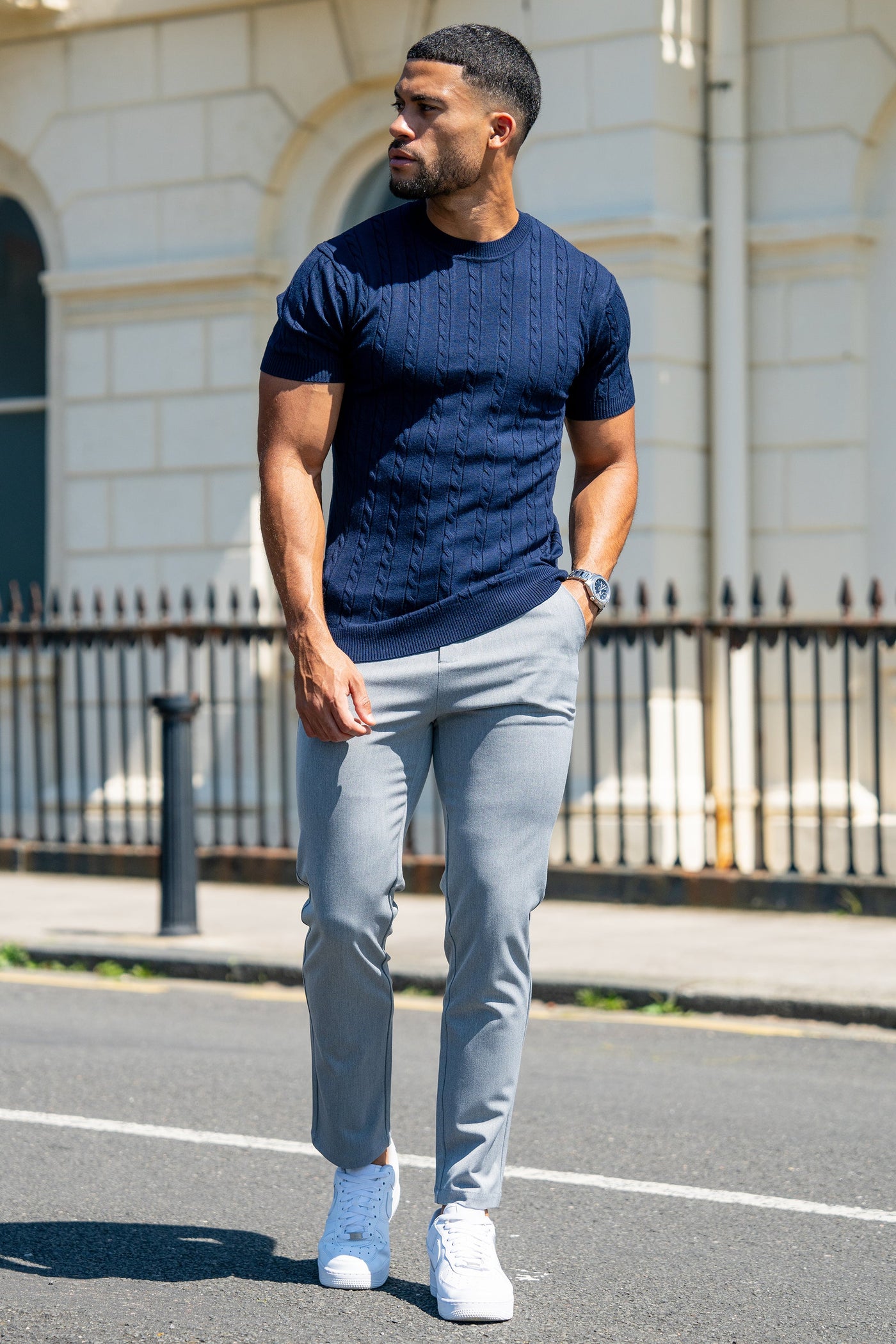 THE CABLE SHORT SLEEVE T-SHIRT - NAVY BLUE