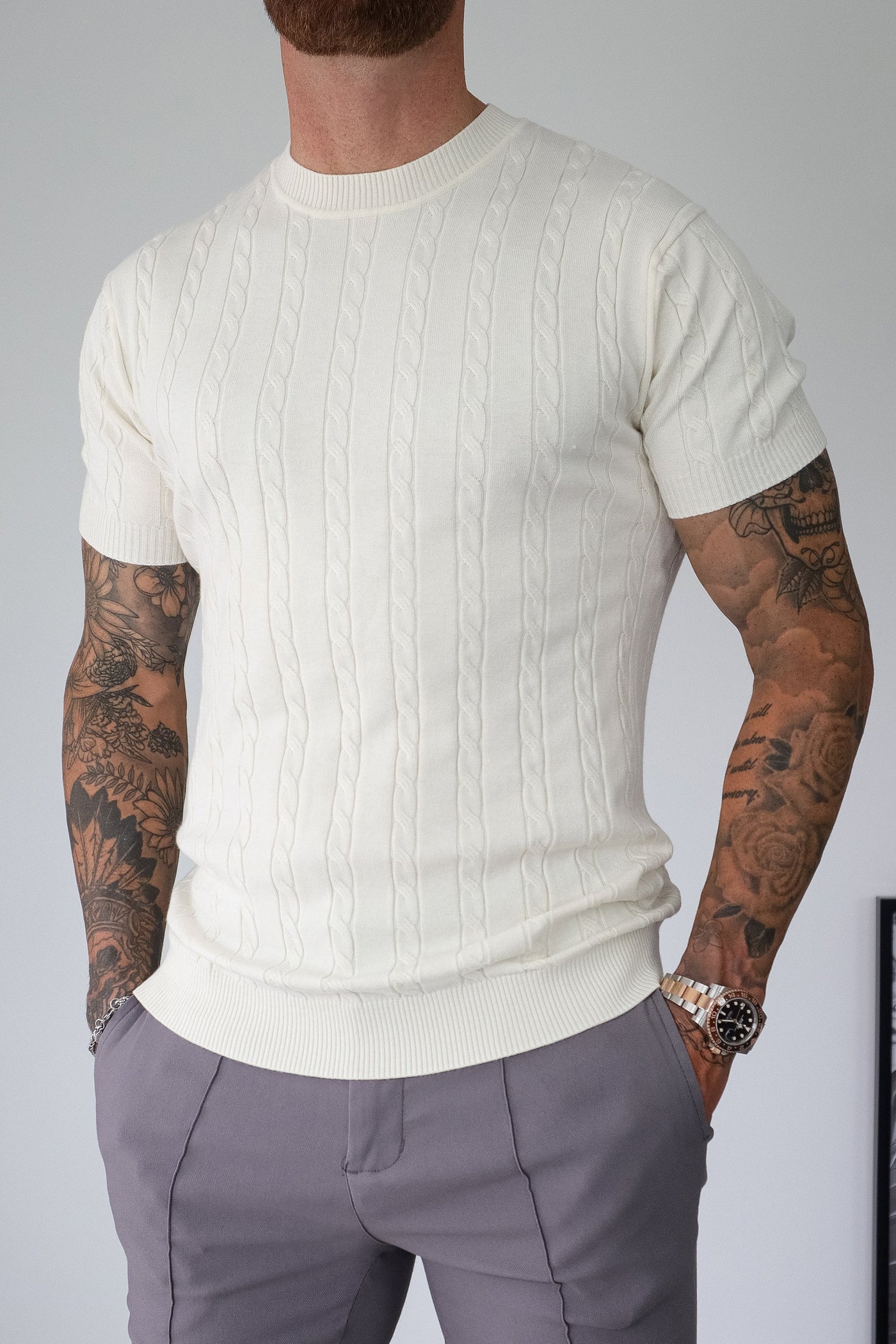 THE CABLE SHORT SLEEVE T-SHIRT - OAT MILK